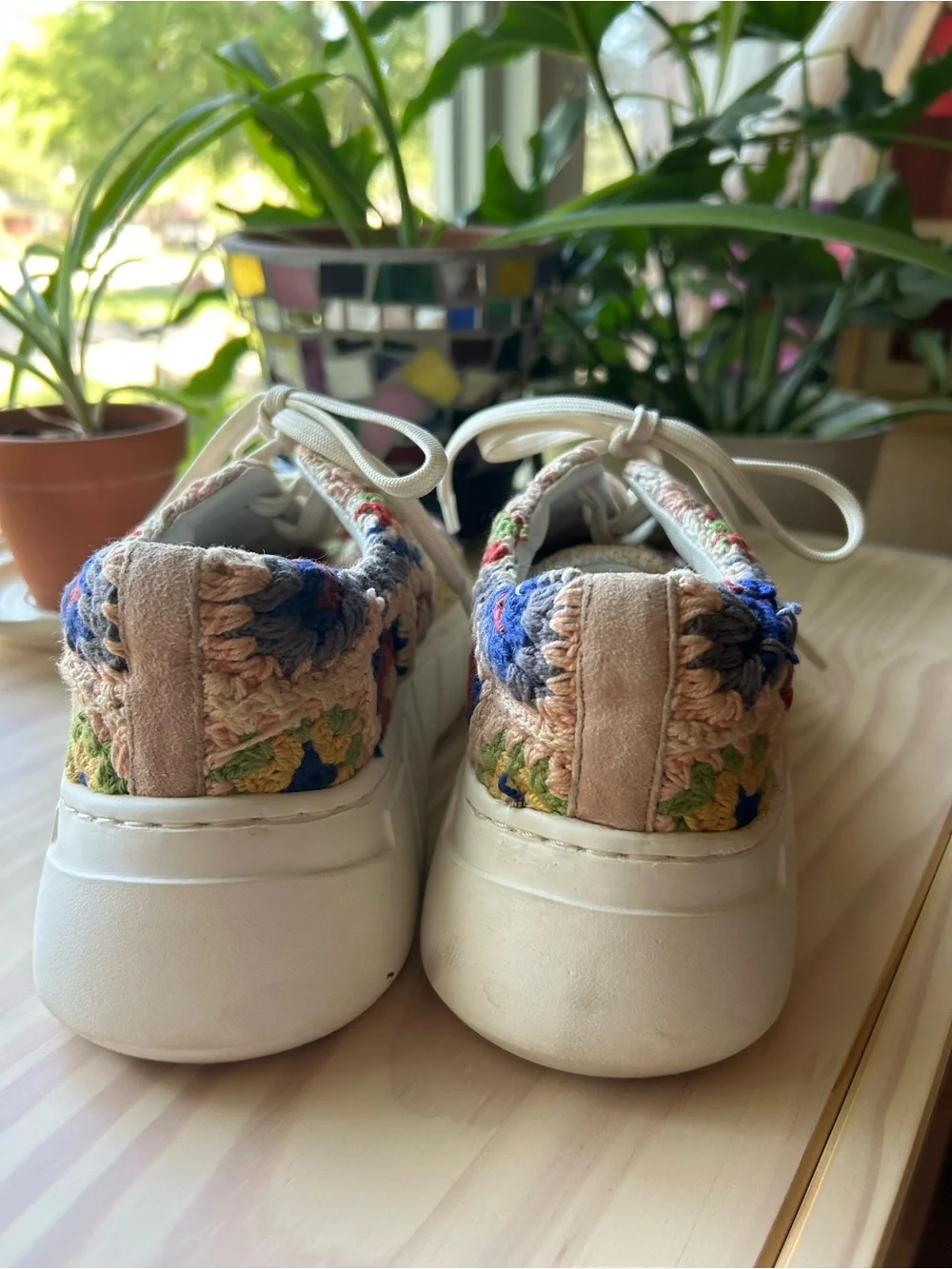 Free People Crochet Sneakers in Multicolor Cream and Blue